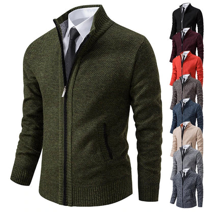 Autumn and Winter Men's Casual Sports Coat - Solid Color Stand Collar Fleece Zipper Cardigan