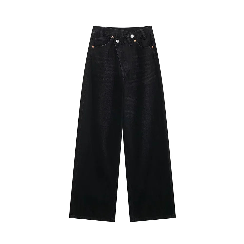 TRAF Women’s Basic Hundred Jeans — High Waist Asymmetric Wide-Leg Trousers, Casual Straight-Leg Fashion Jeans