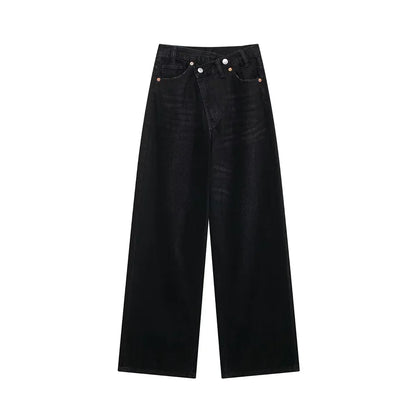 TRAF Women’s Basic Hundred Jeans — High Waist Asymmetric Wide-Leg Trousers, Casual Straight-Leg Fashion Jeans