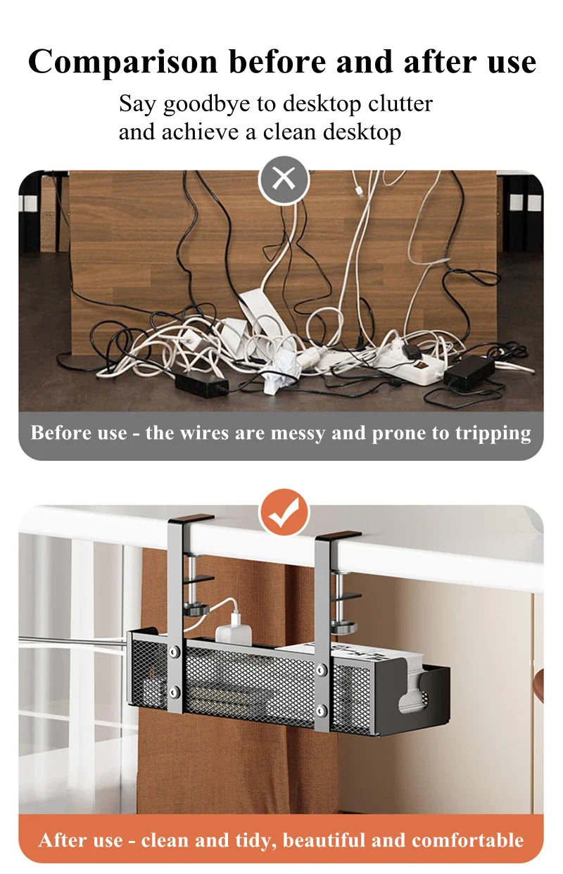 No-Drill Extendable Under Desk Cable Management Tray | Retractable Power Strip & Cord Holder with Clamp