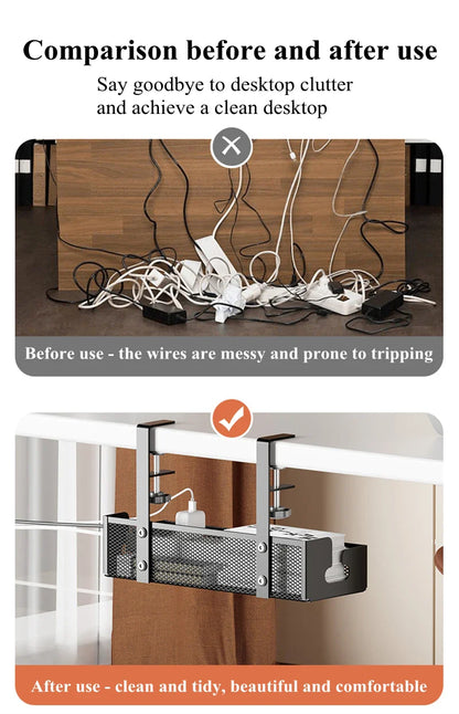 No-Drill Extendable Under Desk Cable Management Tray | Retractable Power Strip & Cord Holder with Clamp