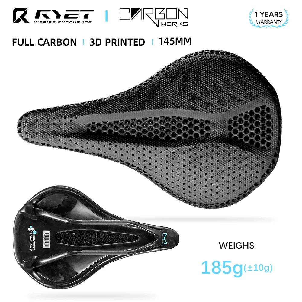 RYET Ultra Full Carbon 3D Printed Bike Saddle — 145mm Lightweight MTB Seat with High Modulus Carbon Fiber Base