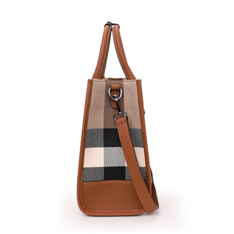 Aidrani Women’s Plaid Canvas Handbag – Classic Large Capacity Cowhide Single Shoulder Crossbody Bag