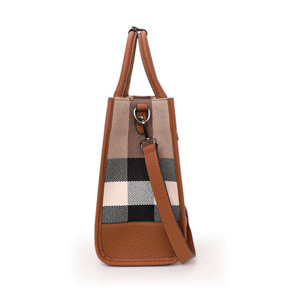 Aidrani Women’s Plaid Canvas Handbag – Classic Large Capacity Cowhide Single Shoulder Crossbody Bag