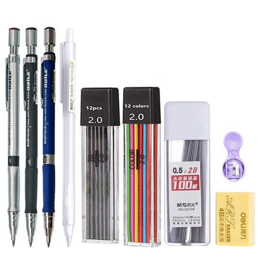 Mechanical Pencil Set 2.0mm – Automatic Pencil with 2B Black & Colored Lead Refills for Writing, Sketching, & Art Drawing