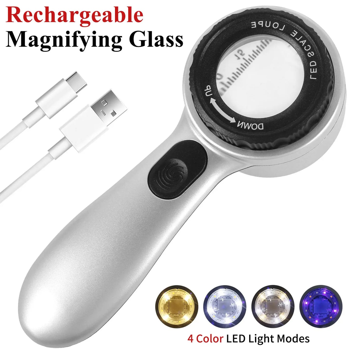 Rechargeable 30X Handheld Magnifying Glass – LED Illuminated Loupe with 4 Light Modes for Jewelry, Reading & Seniors