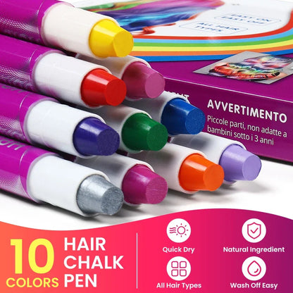 10-Piece Hair Chalk Pen Set – Temporary Washable Non-Toxic Hair Color for Festivals, Halloween & Parties