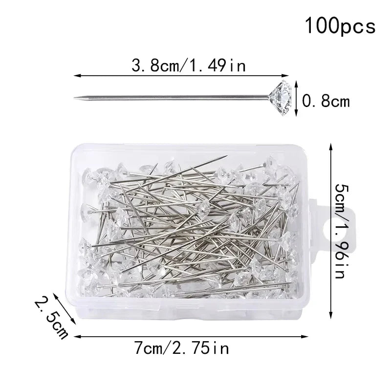 Fenrry 100PCS Diamond Head Pins – Crystal Corsage Sewing Pins, Straight Pins for Dressmaking & Party Decorations with Plastic Box