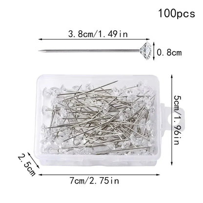 Fenrry 100PCS Diamond Head Pins – Crystal Corsage Sewing Pins, Straight Pins for Dressmaking & Party Decorations with Plastic Box