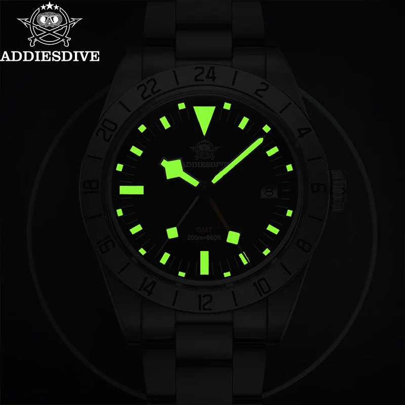ADDIESDIVE GMT Men’s Diver Watch – 39mm Stainless Steel, Luminous Calendar Display, 20ATM Quartz Reloj Hombre