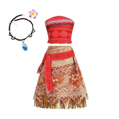 Disney Moana Princess Dress Costume Set - Kids Girls Vaiana Cosplay with Headwear, Necklace & Pet Accessories