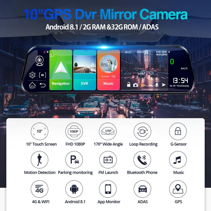 E-ACE 10'' 4G Android Dash Cam – FHD 1080P Dual Lens Rearview Mirror DVR with ADAS & Streaming
