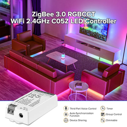 Zigbee 3.0 WiFi LED Controller, PWM Dimmer RGB/RGBW/RGBCCT Strip Light Bridge Tuya Dual Mode Gateway, DC 5V–24V Smart Lighting Control