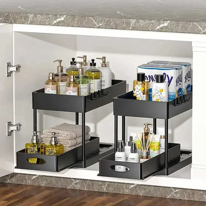 2-Tier Under Sink Organizer - Sliding Cabinet Basket with Hooks, Hanging Cup for Bathroom and Kitchen Storage