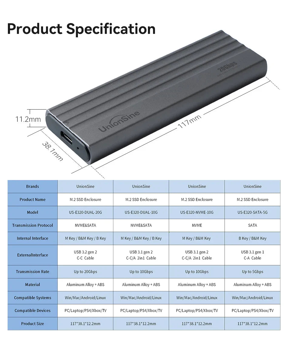UnionSine 20Gbps M.2 PCIe SSD Case – Dual Protocol M.2 to USB Type-C 3.1 Adapter for NVMe, NGFF, and SATA SSD