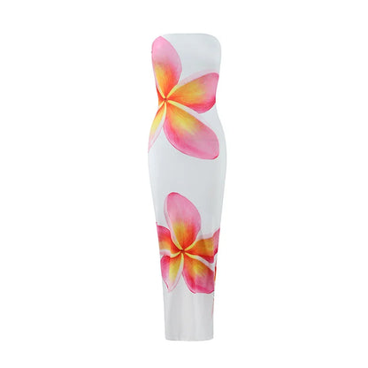 Women’s Floral Strapless Maxi Dress - High Waist Slim Fit Summer Vacation & Evening Party Dress