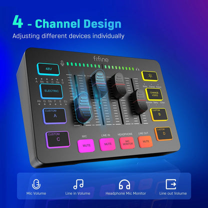 FIFINE 4-Channel RGB Gaming Audio Mixer – XLR Mic Interface for Streaming, Podcast & Game Voice