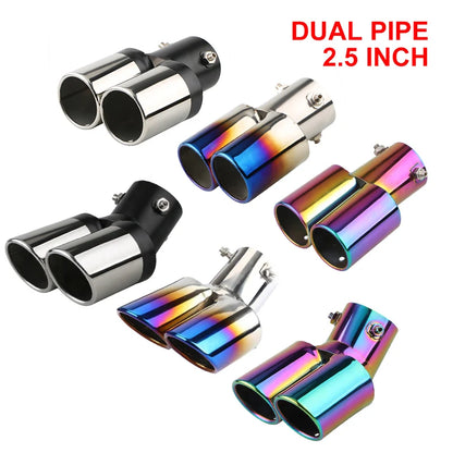 2.5" Chrome Tail Pipe Exhaust Trim, Stainless Steel Double Outlet Muffler for Car Styling - Curved Inlet Decoration
