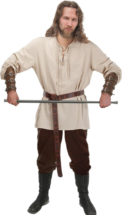 Jiuguva 4-Pcs Halloween Men's Renaissance Costume Set – Medieval Pirate Shirt, Ankle Banded Pants & Viking Belt Accessories