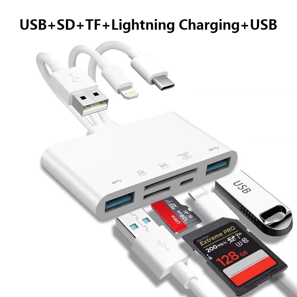 5-in-1 USB-C & Lightning Card Reader – SD/Micro SD OTG Adapter with Charging Port for iPhone, iPad, Android, Laptop & PC