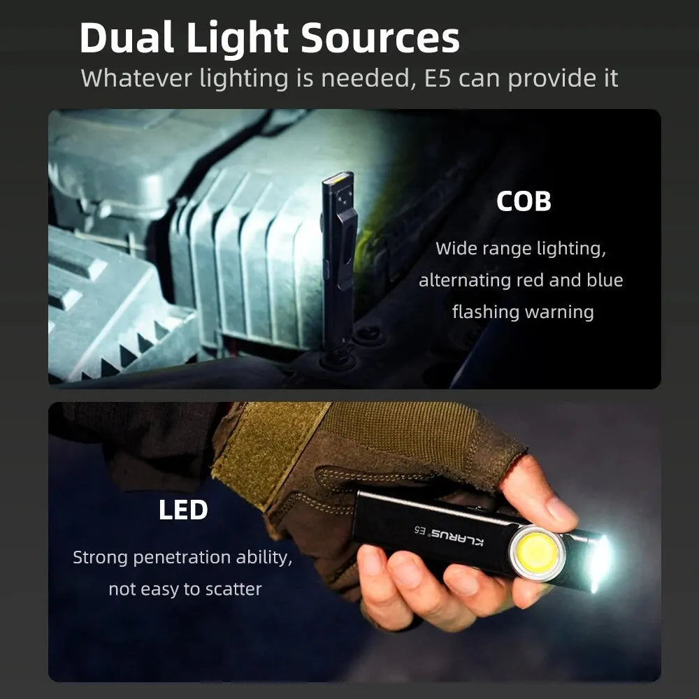 Klarus E5 COB Flashlight – Magnetic Dual Light Torch with 8 Lighting Modes, USB-C Rechargeable EDC Strobe for Emergency Use