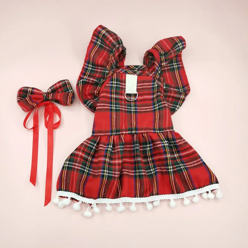 Christmas Dog Dress with Straps - Festive Autumn/Winter Skirt for Small Dogs, Cat Pet Clothing in Checker Pattern for Holiday Cosplay