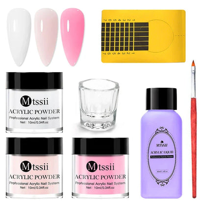 Nail Crystal Powder Kit – Acrylic Liquid Set with Pink & White Powder, Nail Brush for Extension & Carving, Beginner Set