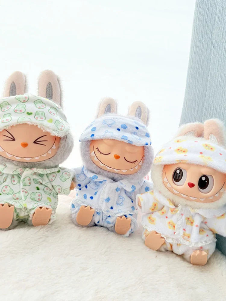 Labubu I & II Doll Clothes – 15cm/17cm Cute Eye Mask Pajama 3-Piece Set for Plush Dolls