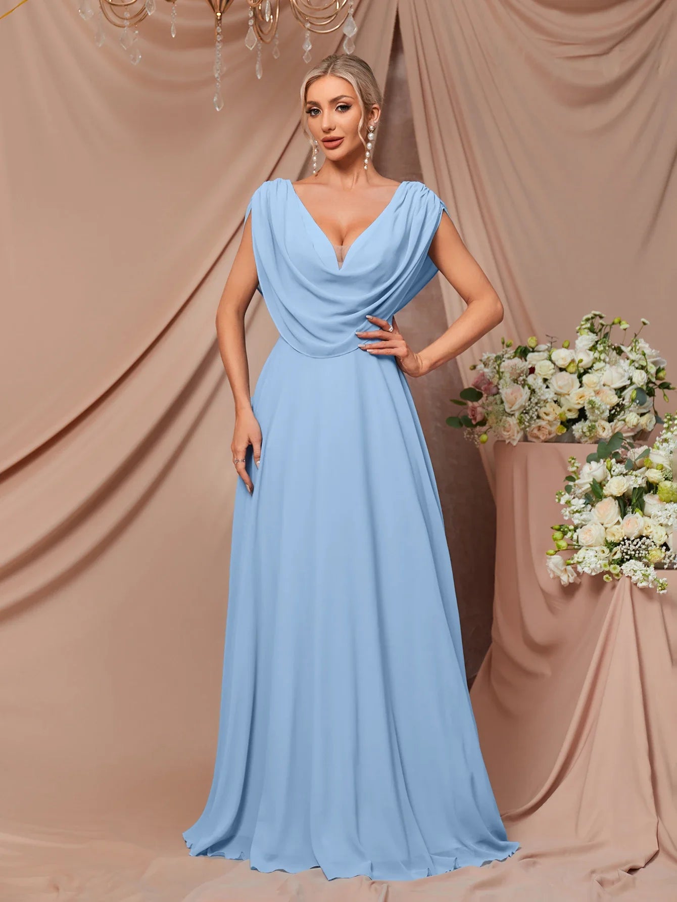 Women’s Sky Blue V-Neck Dress – Elegant Casual & Party Outfit