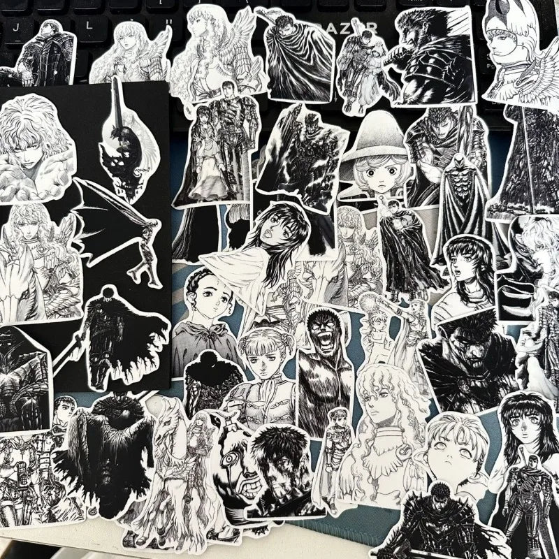 53pcs Berserk Guts Anime Stickers – Black & White Waterproof Laptop, Diary & Luggage Decals