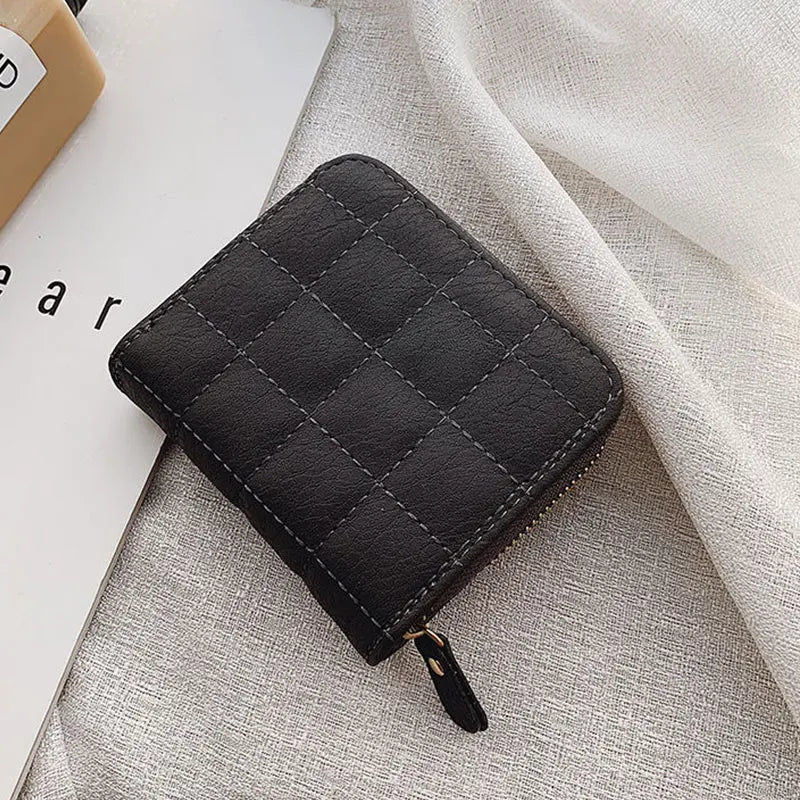 Women’s Small PU Leather Zipper Wallet with Coin Purse – Cute Plaid Mini Korean Card Holder, New Arrival