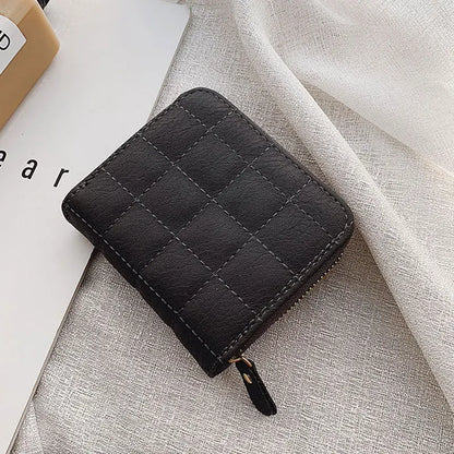Women’s Small PU Leather Zipper Wallet with Coin Purse – Cute Plaid Mini Korean Card Holder, New Arrival