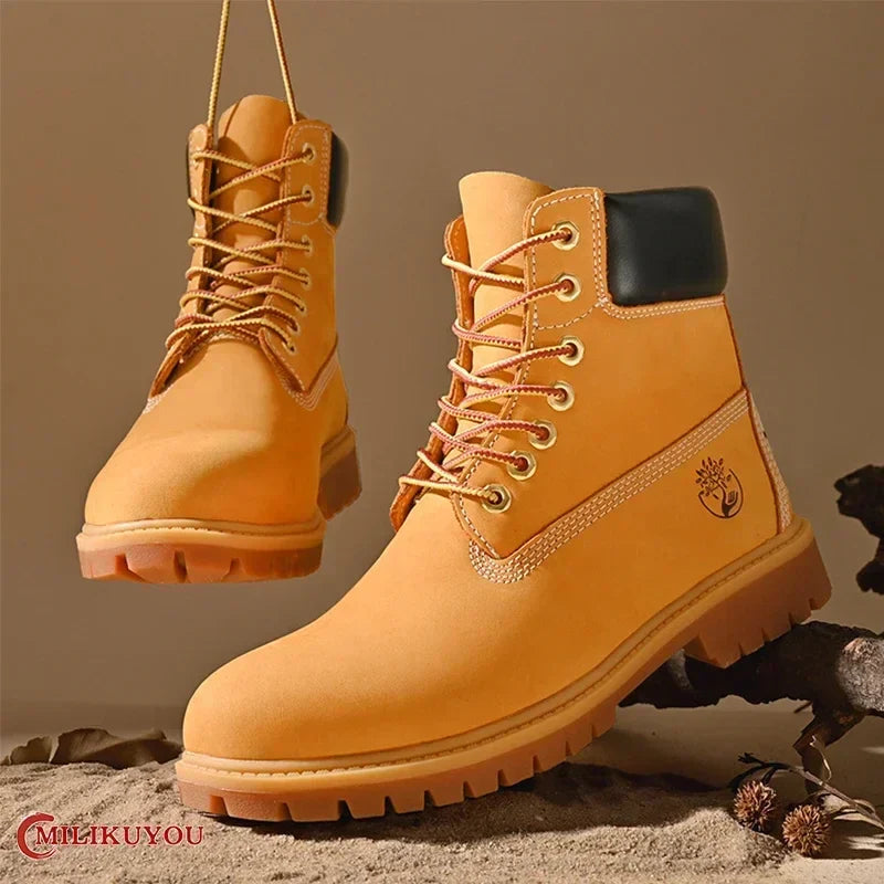 High Top Leather Boots for Men & Women – Fashion Lace-Up Outdoor Sneakers, Non-Slip Casual Ankle Shoes for Couples