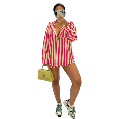 2025 Women’s Casual Striped Shorts & Long Sleeve Shirt Set – Spring Summer Office & Vacation Outfit