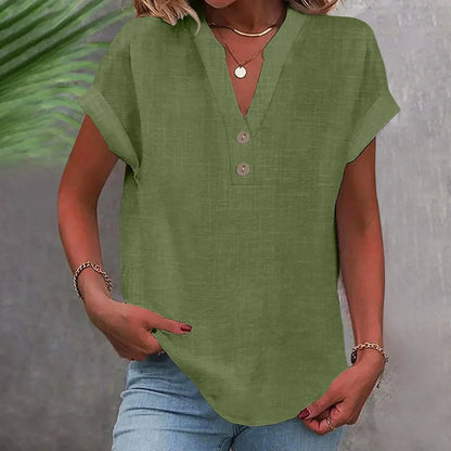 Women’s Summer Cotton Linen V-Neck Button Down Shirt – Breathable Casual Office Top in Solid Colors