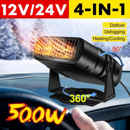 Electric Car Heater & Air Cooler Fan 12V/24V – Portable 120W Demister Defroster for Windshield Defogging