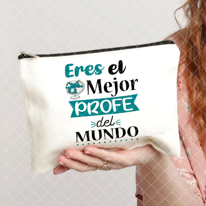 Spanish Printed Teacher Life Makeup Pouch - Pencil Case, School Stationery Storage Bag, Travel Organizer and Gift