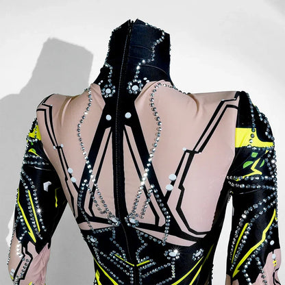 Sexy Sparkly Green Rhinestone Bodysuit – Stage Dance Costume for Party, Bar Show, Drag Queen, Cosplay & Halloween