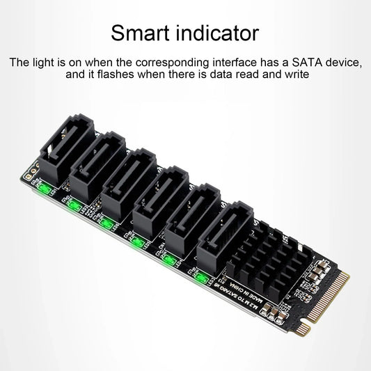 M.2 to SATA 3.0 Adapter Card — 6Gbps High-Speed ASM1166 PCIe to SATA Expansion Card with Smart Indicator
