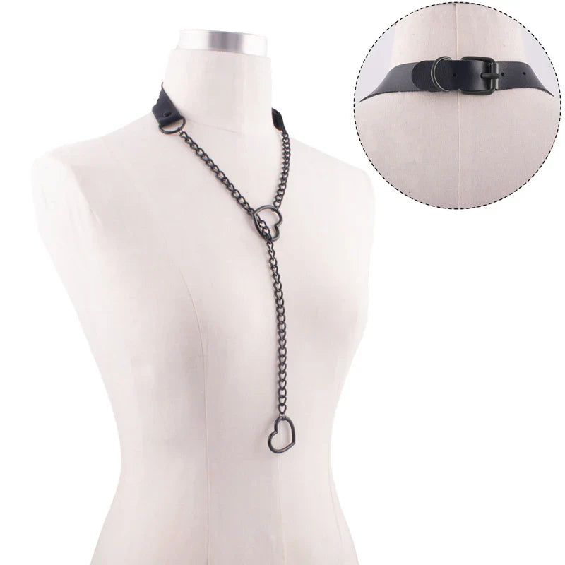 Heart Slip Chain Necklace – Black Leather Gothic Choker for Women, Punk & Goth Jewelry