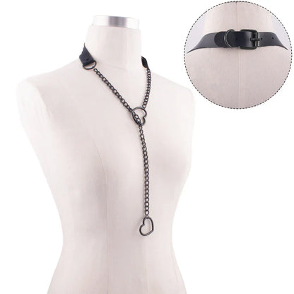 Heart Slip Chain Necklace – Black Leather Gothic Choker for Women, Punk & Goth Jewelry
