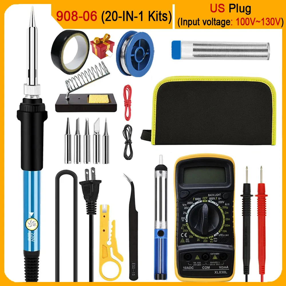 2026 60W Electric Soldering Iron Kit – Adjustable Temperature Welding Tool Set (10-in-1 / 16-in-1 / 20-in-1) with Replaceable Tips for Repair & DIY Projects