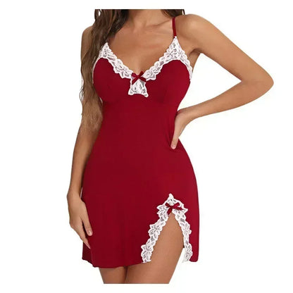 Women’s Sexy Lace Silk Satin Nightgown – V-Neck Sleeveless Sleepwear with Split Hem Soft Lingerie Dress
