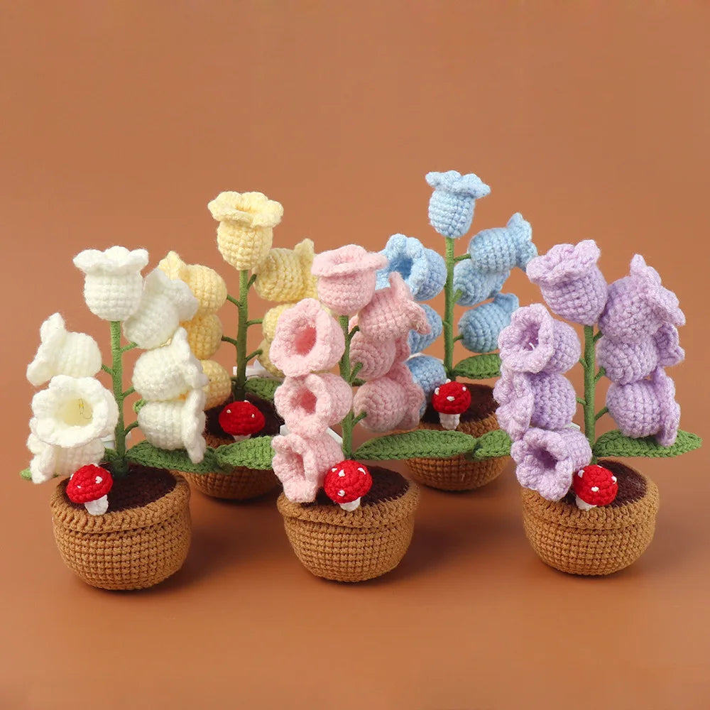 Handmade Crochet Bell Orchid in Pot – Knitted Artificial Flower with Light for Desktop & Easter 2025 Decor