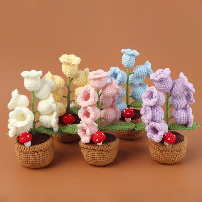 Handmade Crochet Bell Orchid in Pot – Knitted Artificial Flower with Light for Desktop & Easter 2025 Decor