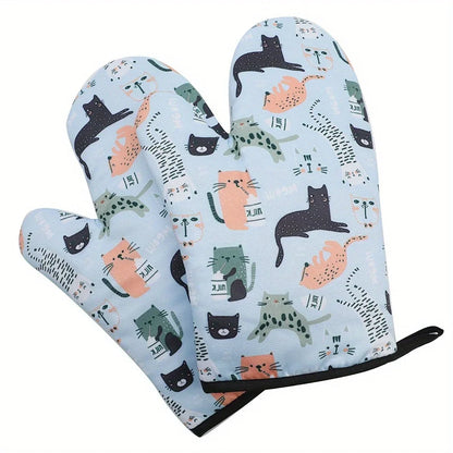 2PCS Cat Print Microwave Oven Mitts – Thickened Heat-Resistant Soft Cotton Gloves for Baking & Kitchen Use