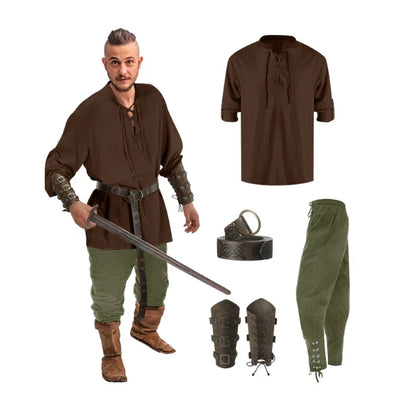 Jiuguva 4-Pcs Halloween Men's Renaissance Costume Set – Medieval Pirate Shirt, Ankle Banded Pants & Viking Belt Accessories