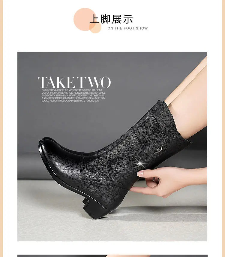 2024 Women’s Fashion Mid-Calf Boots – Waterproof Leather, Anti-Slip Zipper Winter Footwear