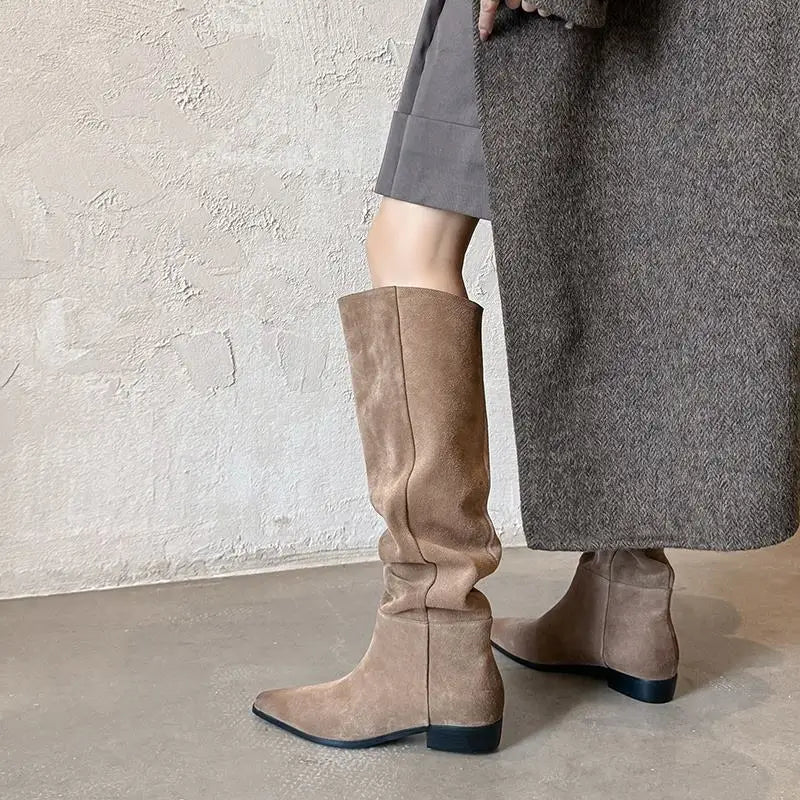 MORAZORA Women’s Cow Suede Knee-High Boots – Pointed Toe, Low Square Heel, Autumn Winter Long Boots, Size 34-41