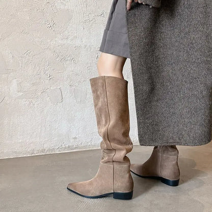 MORAZORA Women’s Cow Suede Knee-High Boots – Pointed Toe, Low Square Heel, Autumn Winter Long Boots, Size 34-41